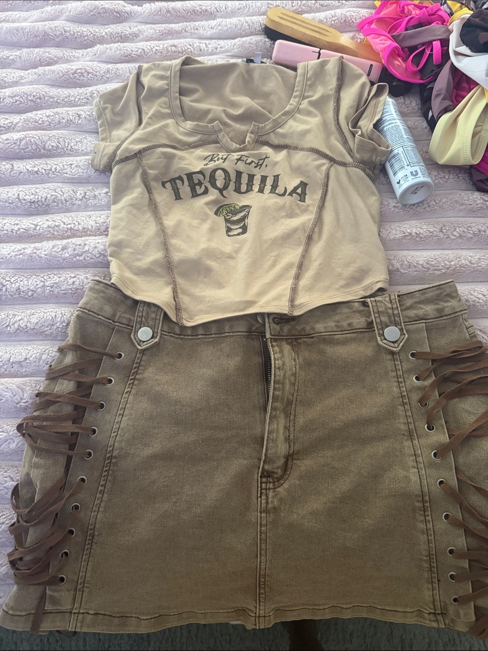 Beige 'But First Tequila' Crop Top with brown Lace-Up Skirt